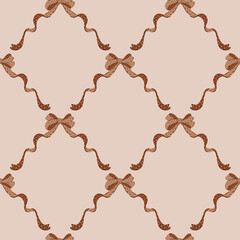 Brown, chocolate coquette ribbon bow trellis checkered seamless pattern