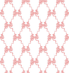 Pink, lilac coquette ribbon bow trellis checkered seamless pattern Damask Print. Rhombus Background