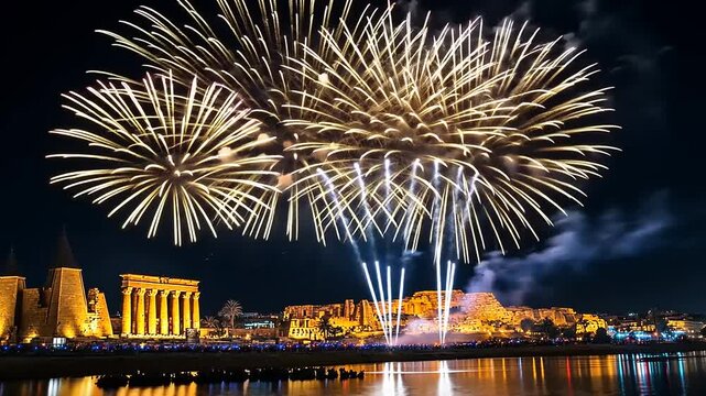 Spectacular Fireworks over Philae Temple, Aswan, Egypt