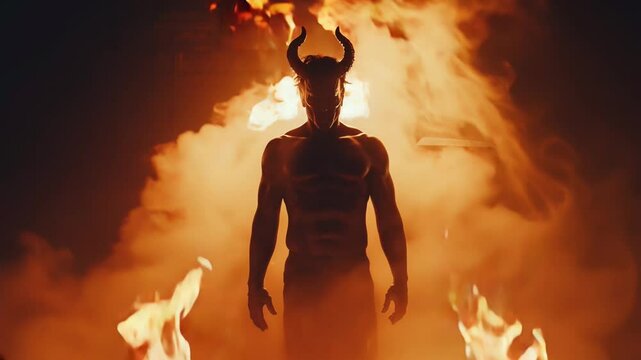 silhouette of a man with horns and flames of hell in the background. satanic invocation to make a pact with the devil.	
