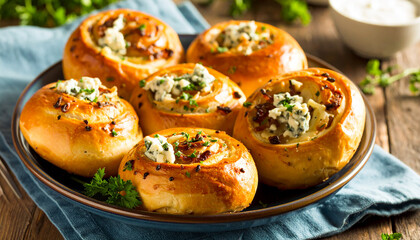 Gorgonzola caramelized onion buns. Tasty food. Delicious snack.