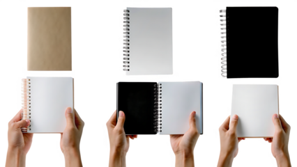 male female hand holding blank book journal, note paper, notepad isolated on white background PNG