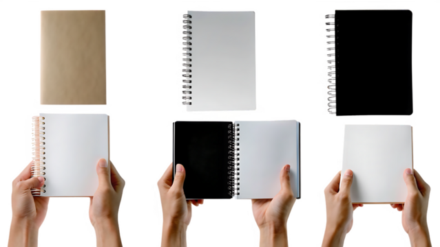 male female hand holding blank book journal, note paper, notepad isolated on white background PNG