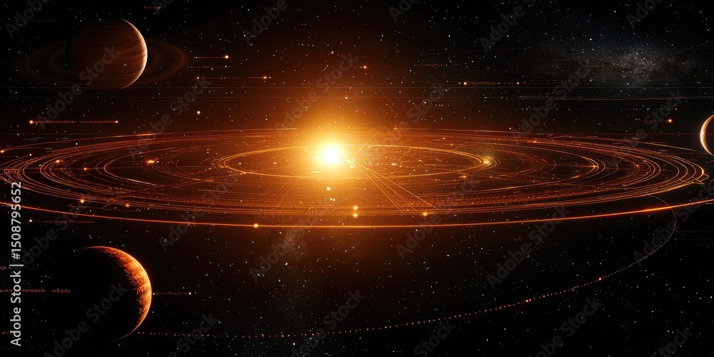 Poster advanced space software ui with glowing grids, star mapping tools, and interactive planetary alignme
