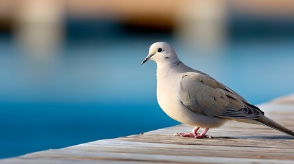 Obraz premium A dove perched on a wooden dock in a tranquil setting.
