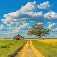 Obraz premium Rustic barn and dirt road in sunny Louisiana countryside under blue sky with fluffy white clouds