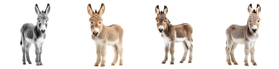 Fototapeta premium Charming baby donkeys showcasing various stages of growth, featuring playful expressions and delightful fluffy coats, ideal for children's books and animal-themed content