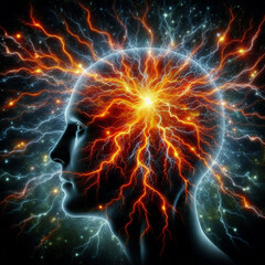 Tempestade el&eacute;trica dentro de uma cabe&ccedil;a humana, ilustrando surtos neurol&oacute;gicos