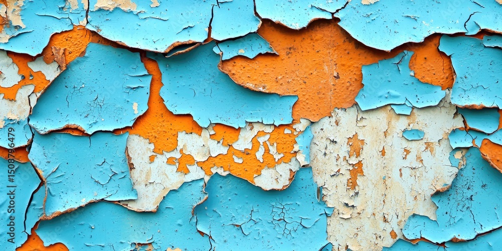 Poster weathered metal sheet with peeling paint and visible rust, ideal for creating a gritty, urban aesthe