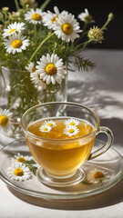 Chamomile Tea in Clear Glass Cup with Fresh Flowers on White Background