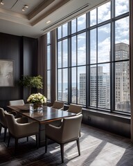 Modern conference room with large windows overlooking a city skyline, featuring a wooden table and floral centerpiece