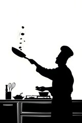 Chef skillfully tossing ingredients in a frying pan in a modern kitchen with cooking tools visible