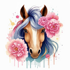 symbol of the new year 2026, graceful animal, beautiful horse with flowers, pink peony, illustration. artificial intelligence generator, AI, neural network image. background for the design