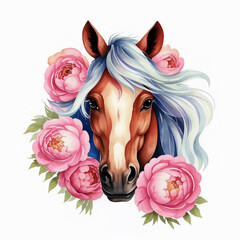 symbol of the new year 2026, graceful animal, beautiful horse with flowers, pink peony, illustration. artificial intelligence generator, AI, neural network image. background for the design