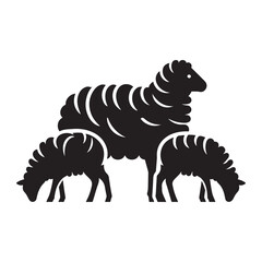 Sheep and Lambs Silhouette Vector in Black and White Style