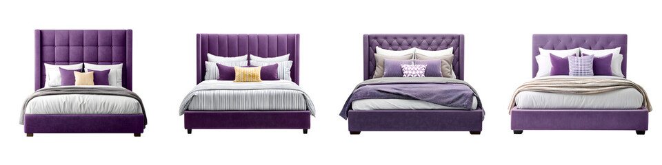 Luxurious, stylish beds in elegant purple hues, showcasing modern design, plush upholstery, and decorative pillows, suitable for chic bedroom decor inspiration.