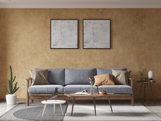 Mockup of a fashionable living room with a classic style sofa and a modern decorative background, 3D rendering.