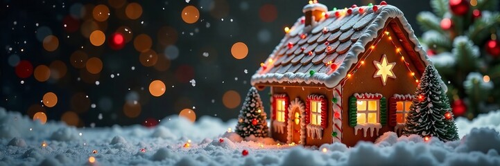 Gingerbread house with Christmas lights and snowflakes, cookies, christmas, festive