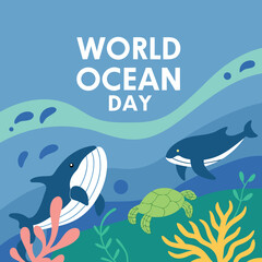 A charming vector illustration of cute cartoon sea animals and fish swimming in blue ocean water