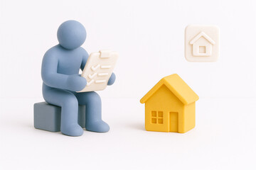 Simple figure sitting block holding clipboard with checkmarks, surrounded by house and property icons, representing insurance and property
