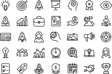 set of 35 outline icons related to startup for web design