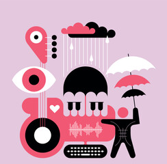 Colorful vector illustration with musical and weather elements. Includes stylized guitar, piano keys, raindrops, clouds, eye shape and person holding umbrella. Designed in modern flat style.
