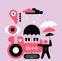 Colorful vector illustration with musical and weather elements. Includes stylized guitar, piano keys, raindrops, clouds, eye shape and person holding umbrella. Designed in modern flat style.