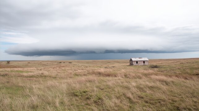 Dark shelf cloud looming over weathered abandoned farmhouse, menacing prairie landscape with swirling winds battering weathered grasslands. Massive shelf cloud darkening vast prairie, grasslands
