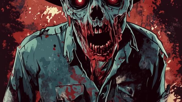 Terrifying cartoon portrait of an undead cowboy wearing a hat with red glowing eyes and a sinister grin set against a splatter-filled background.