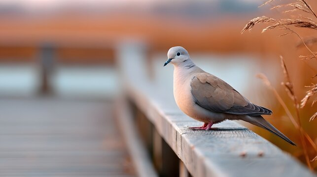 Dove perched on a tranquil boardwalk in nature
