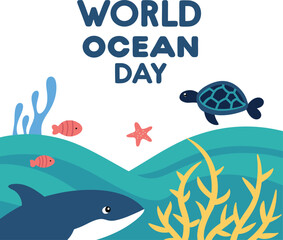 Cartoon ocean underwater world map with diverse marine life animals, fish, dolphin, shark, whale, octopus, turtle, starfish, and seamless water illustration design