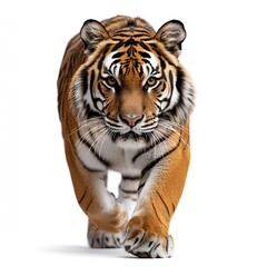 Fototapeta premium Majestic Tiger Walking Towards the Camera on White Background Powerful Wild Cat Portrait