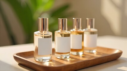 Bottles of niche perfume on the table, bottles with white sticker for label