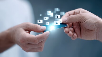 Two hands exchange a digital business card, symbolizing networking and connection in the modern business world through technology and innovation.