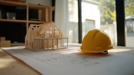 Architectural Model and Hard Hat on Blueprint