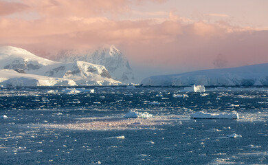 Icebergs float past Portal point on the west coast of Graham Land off the Antarctic peninsula. 