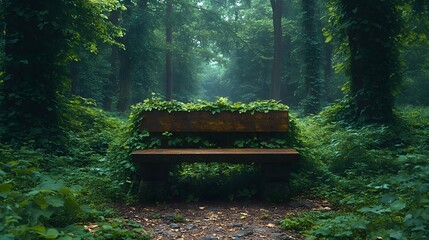 Ancient Stone Bench Embraced by Lush Ivy and Majestic Oak Trees in a Tranquil Forest Scene