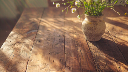 A rustic ceramic vase filled with wildflowers sits on an old wooden table, illuminated by soft sunlight. The warm atmosphere and delicate shadows create an inviting scene. 