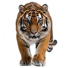Fototapeta premium Majestic Sumatran Tiger Walking Towards Camera on White Background Wildlife