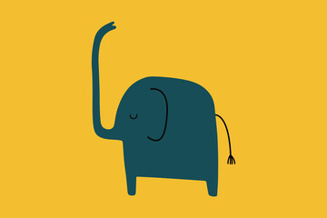 Minimal Navy Blue Elephant Illustration on Yellow Background – Cute Flat Cartoon Style Animal Art, Modern Graphic for Nursery Decor, Playful Wildlife Print, Smiling Elephant with Raised Trunk