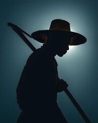 Silhouette of a farmer with a straw hat holding a hoe against a glowing background at dusk
