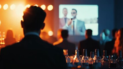 Blurred audience members watch screen presentation from a bar, with dark silhouettes and warm lighting creating a party atmosphere.