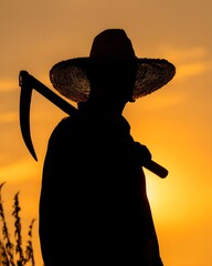 Silhouette of a farmer holding a sickle against a vibrant sunset, symbolizing agricultural labor