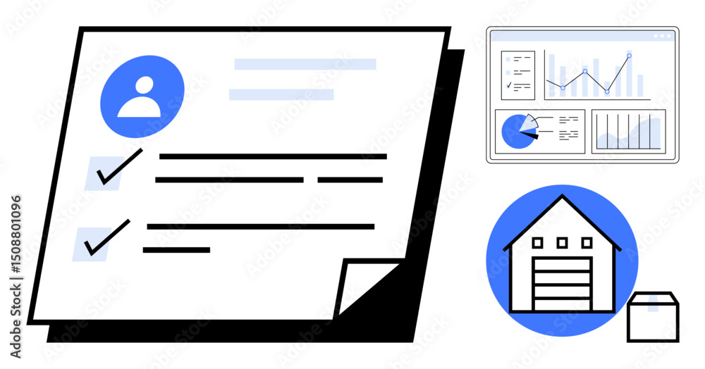 Aufkleber task sheet with checkmarks, analytics dashboard with charts, warehouse graphic. ideal for logistics,
