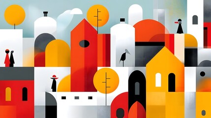Fototapeta premium Abstract geometric cityscape with stylized characters