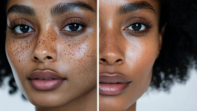 African woman with skincare before and after comparison showcasing makeup and beauty routine for flawless, natural complexion and look