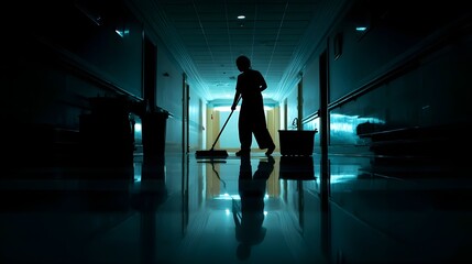 Silhouette of a janitor sweeping a hospital corridor at night, creating a serene atmosphere