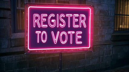 Glowing pink neon sign displaying encouraging message to register to vote near building structure during nighttime for civic engagement concept - Powered by Adobe