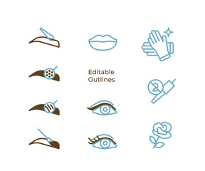 Permanent Makeup trend shapes Icons. Brow shaping, correction, tweezers, tinting, powder, hair stroke technique. Lips, eyeliner, eyelashes lamination. Hygienic sterility, single use instruments.
