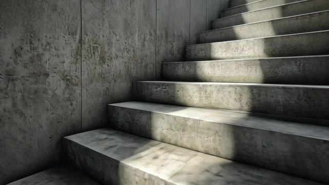 Close up of an empty staircase interior with natural light shining down on the gray concrete steps and textured wall, emphasizing architectural design.